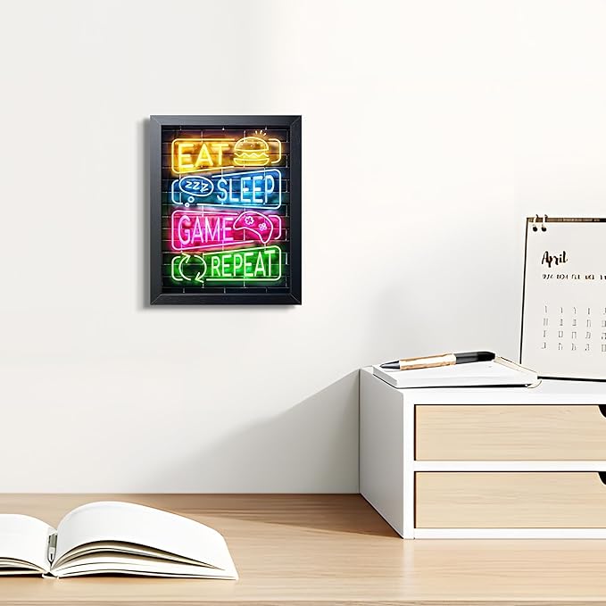 Eat Sleep Game Repeat Neon Wall Art, Framed Canvas Print Painting, Colorful Gamer LED Style Poster with Controller Burger Design, Cool Gaming Room Wall Decor for Boys Teens Bedroom Playroom 8x10 Inch