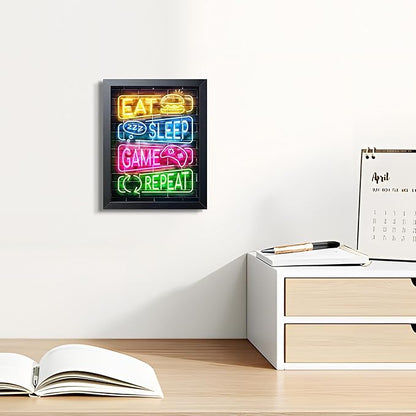 Eat Sleep Game Repeat Neon Wall Art, Framed Canvas Print Painting, Colorful Gamer LED Style Poster with Controller Burger Design, Cool Gaming Room Wall Decor for Boys Teens Bedroom Playroom 8x10 Inch
