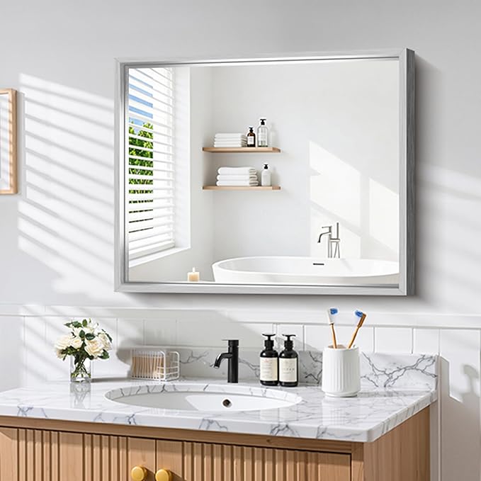 CIRCUMI 30"x36" Brushed Silver Mirror with Chunky Box Metal Frame, Bathroom Mirror for Vanity Remodel & New Home, Living Room, Entryway, Rectangular Wall Mirror, Tempered Glass, Vertical or Horizontal