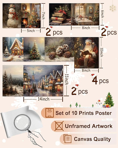 KBKBART Christmas Wall Art Prints Set of 10, Winter Christmas Picture Wall Decor Santa Xmas Tree Forest Canvas Artwork, Snow Scene Street Christmas Aesthetic Posters for Bedroom, Vintage Christmas Holiday Decor - Unframed