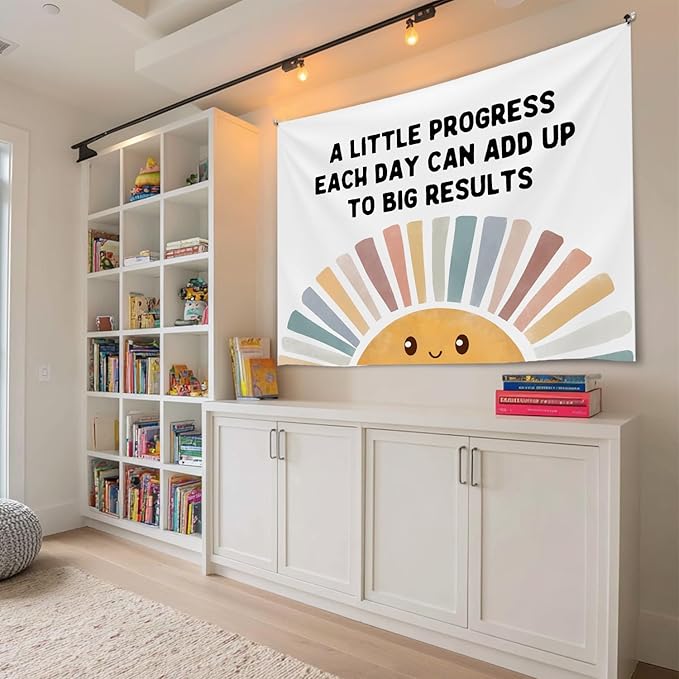 Positive Wall Tapestry-A Little Progress Each Day Inspirational Banner,Soft Flannel Wall Tapestry Decor for Bedroom,Kids Room Decor,Birthday Party Wall Art Decoration 51x59 Inch (Colorful-Progress)