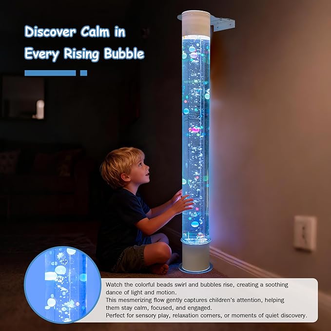6FT Floating Balls & Colorful Beads Bubble Tube – Color-Changing LED with Remote & App, Works with Multiple Wireless Controllers, Sensory Night Light with Wall Bracket for Home & Therapy Rooms