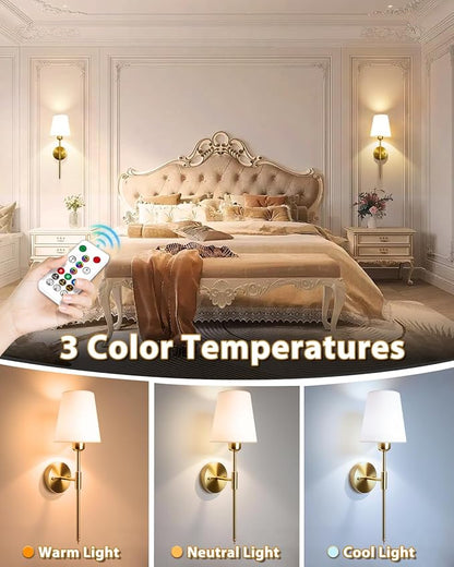 Adetu Battery Operated Wall Sconce Set of 2, Gold Wireless Battery Wall Lights with 10000mAh RGB Dimmable Magnetic Bulbs and Remote Control, Rechargeable Wall Sconce for Bedroom Living Room Hallway