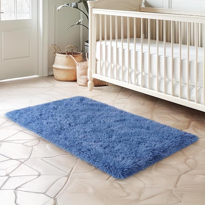 qulint Blue Rug for Bedroom, 2x3 Area Rugs for Boys Room Soft Fluffy Shag Small Carpet for Nursery, Fuzzy Shaggy Alfombras for Kids Boys and Girls Dorm Living Room Home Decor (2ft x 3ft, Blue)