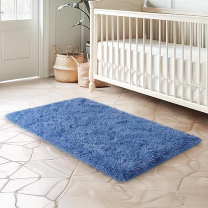 qulint Blue Rug for Bedroom, 2x3 Area Rugs for Boys Room Soft Fluffy Shag Small Carpet for Nursery, Fuzzy Shaggy Alfombras for Kids Boys and Girls Dorm Living Room Home Decor (2ft x 3ft, Blue)