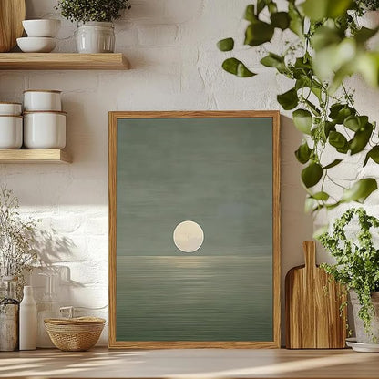 Framed Sage Green Japanese Canvas Wall Art Set of 2, Minimalist Moon and Birds Pictures Wall Decor, Neutral Landscape Artwork Paintings Prints Zen Home Decor for Living Room Bedroom Office 12x16 inch