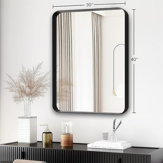 Black Mirror for Bathroom Wall - 40x30 Inch Large Reactangular Metal Framed Mirror Over Sink, Matte Frame Big Rectangle Mirror Vanity for Restroom, Entryway, Living Room, Fireplace