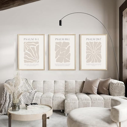 Scripture Christian Wall Art Set of 3 Beige Bible Verses Wall Decor Neutral Psalm Canvas Wall Art Modern Pictures Flower Prints Christian Artwork for Living Room Bedroom 16x24 Inch Framed