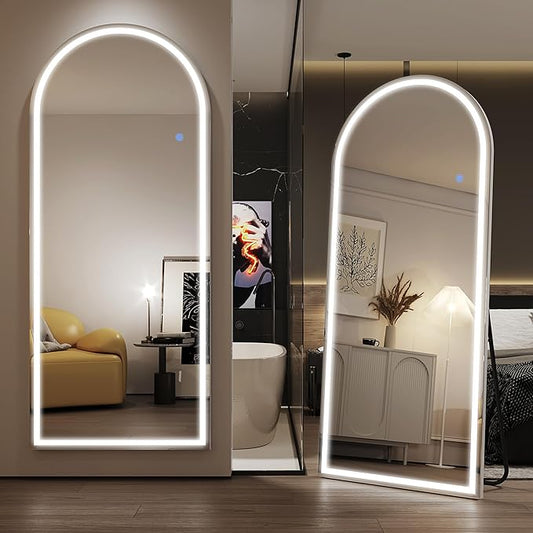 Antok LED Full Length Mirror with Light, 71"x28" Lighted Full Body Mirror with Stand, Dimmable & 3 Color Lighting Standing/Leaning/Wall Mounted Vanity Mirror for Bedroom Cloakroom Livingroom(Arched)