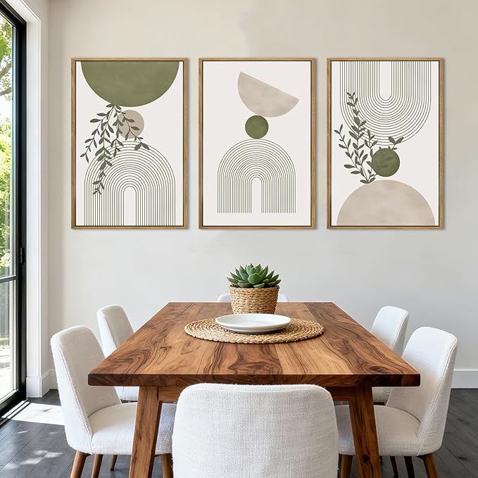 ANHUIB Boho Abstract Wall Art Canvas,Sage Green Wall Decor Framed,Geometric Line Art Prints Leaves,Minimalist Artwork Botanical,3 Piece 24x36In Beige Nature Painting for Living Room Bedroom
