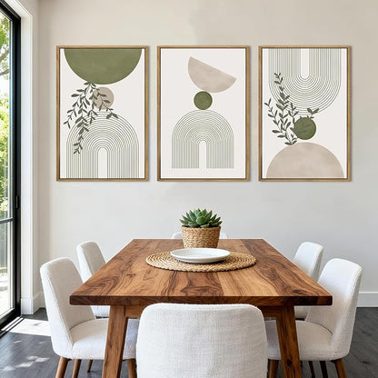 ANHUIB Boho Abstract Wall Art Canvas,Sage Green Wall Decor Framed,Geometric Line Art Prints Leaves,Minimalist Artwork Botanical,3 Piece 24x36In Beige Nature Painting for Living Room Bedroom