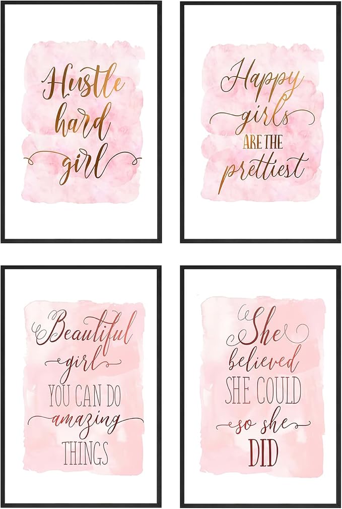 Set of 4 Framed Motivational Wall Art Quote Letters for Living Room Home Decor, Canvas Painting Posters Print Pictures Positive Words for Home Office Teen Bedroom Decoration Nordic