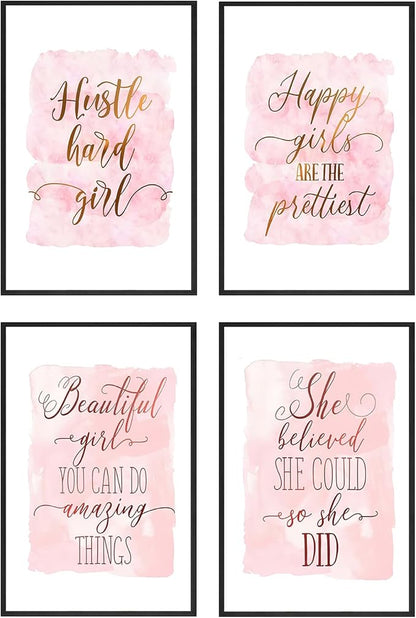 Set of 4 Framed Motivational Wall Art Quote Letters for Living Room Home Decor, Canvas Painting Posters Print Pictures Positive Words for Home Office Teen Bedroom Decoration Nordic