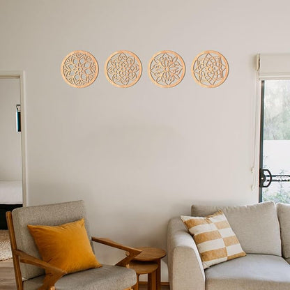 KOYILTD 4 Pieces Thicken Rustic Wall Decor,Flower Carved Wall Art,Wooden Hollow Carved Design(Round, 8.2in)