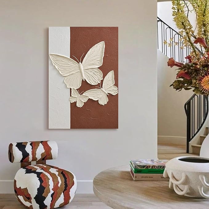 JUHOME Abstract Butterfly Canvas Wall Art,24x36 Inch Hand-Painted Textured Vertical Oil Painting,Minimalist White Butterfly Artwork for Living Room Bedroom Office, Large Original Wall Decor on Canvas