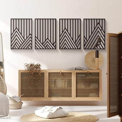 Glamativity 4 Pack Black Abstract Metal Wall Art, Minimalist Décor Single Line Art Wall Décor, 3D Textured Metal Wall Sculptures, for Living Room Bedroom Bathroom Study Room (Mountain Line, M Size 17 x 12'')