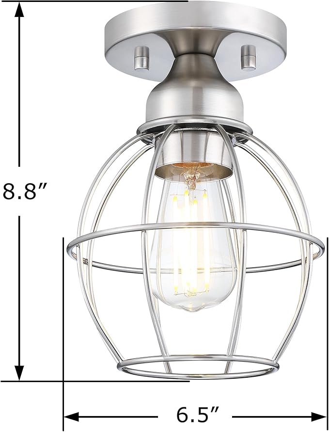 Farmhouse Ceiling Light Fixture, Vintage Semi Flush Mount Ceiling Light, Small Metal Cage Lighting Lamp for Hallway Entryway Kitchen Porch, Nickel Finish, 2-Pack