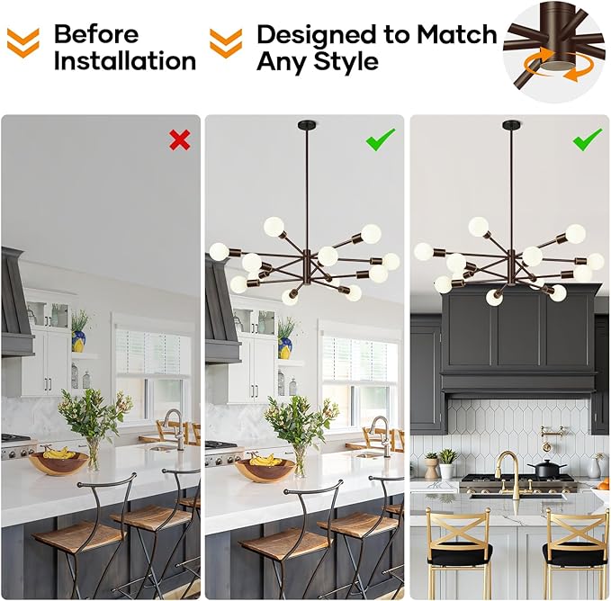 10.9"-52.3" Height Adjustable Sputnik Chandeliers Dining Room Light Fixture (12-Light, 33-Inch), Modern Brown and Gold Chandelier, Mid Century Modern Chandeliers for Dining Room (Bulbs Not Included)