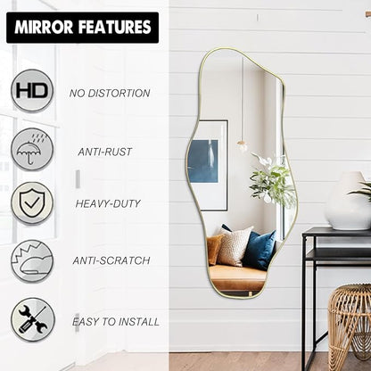 Irregular Wall Mirror, 40"x17.7" Gold Asymmetrical Frameless Mirror, Modern Organic Shaped Mirrors for Living Room Bedroom Hallway Entryway, Horizontal or Vertical Hanging