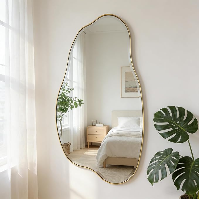 POZINO Large Irregular Beveled Mirror, 53.5"x27" Asymmetrical Aesthetic Mirror with Metal Frame, Cloud Shaped Mirrors for Living Room Bathroom Bedroom Hallway Entryway, Horizontal or Vertical Hanging