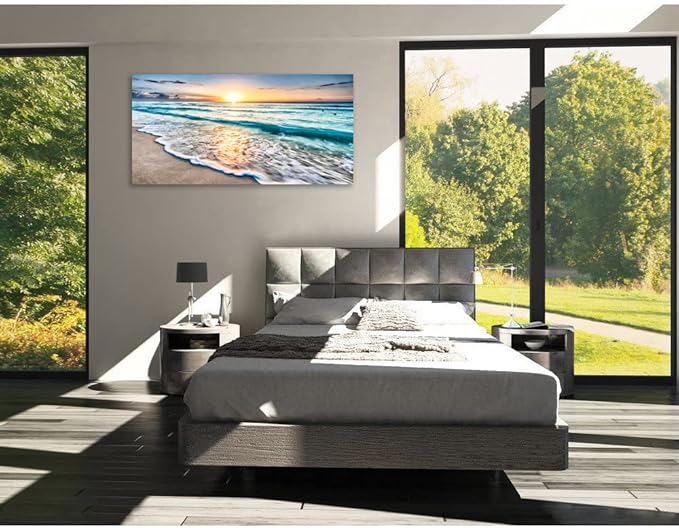 TutuBeer 1 Pcs Beach Wall Art Beach Wall Decor Blue Sea Sunset White Beach Ocean Wall Art Beach Pictures Wall Art Seascape Print on Canvas Ocean Decor Beach Decor for Bedroom Home Decor 12x24 inch