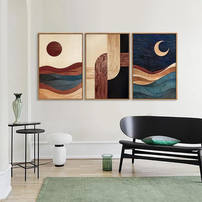 SIGNINART Boho Mid Century Modern Framed Canvas Wall Art, Bohemian Geometric Wall Decor, Abstract Sun and Moon Artwork,Beige and Black Wooden Art Paintings for Living Room Bedroom Office 16"x24"x3