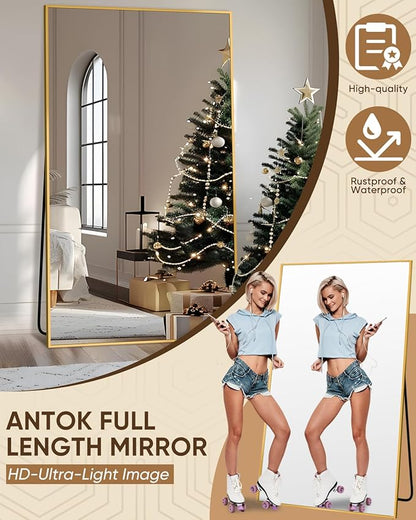 Antok Full Length Mirror, 72"x44" Floor Mirror, Floor Standing Freestanding Full Body Mirror with Stand for Bedroom, Hanging Mounted for Living Room Cloakroom, Gold