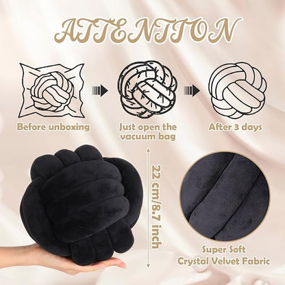 Tegeme Set of 3 Knot Pillow Ball and 18" Throw Pillowcases Fuzzy Striped, Soft Knotted Home Decor Pillow, 2 Faux Fur Cushion Covers Aesthetic Cushion and Cases for Sofa Bed Bedroom Living Room(Black)