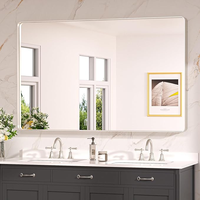 Keonjinn 55 x 36 Brushed Nickel Bathroom Mirrors for Over Sink, Large Rounded Rectangle Bathroom Vanity Mirror, Modern Decorative Silver Mirror, HD Tempered Glass Wall Mirror(Horizontal/Vertical)