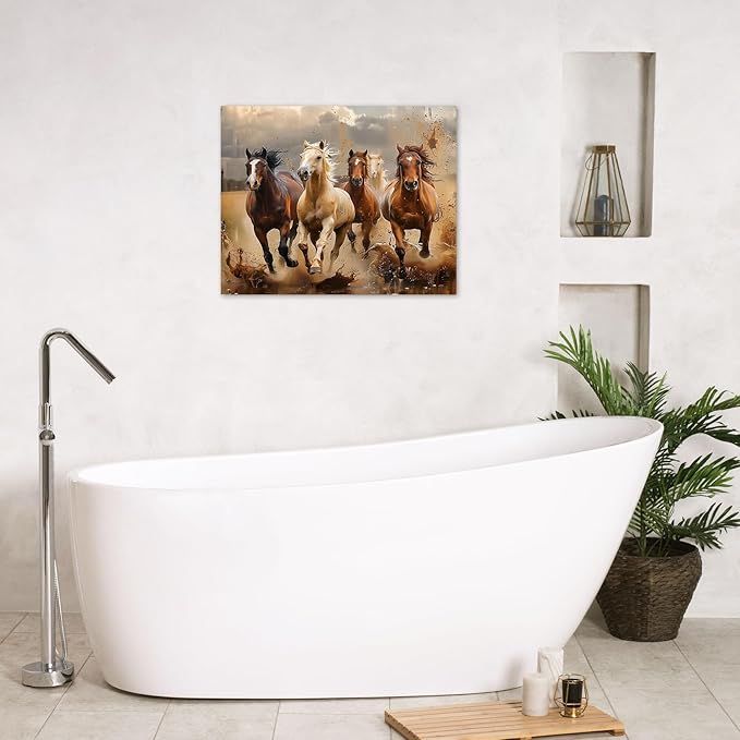 LB Vintage Horse Canvas Wall Art Brown White Horse Animal Wall Decor Running Horses Prints Wall Decoration for Living Room Bedroom Home Office Framed Ready to Hang 12L x 12W