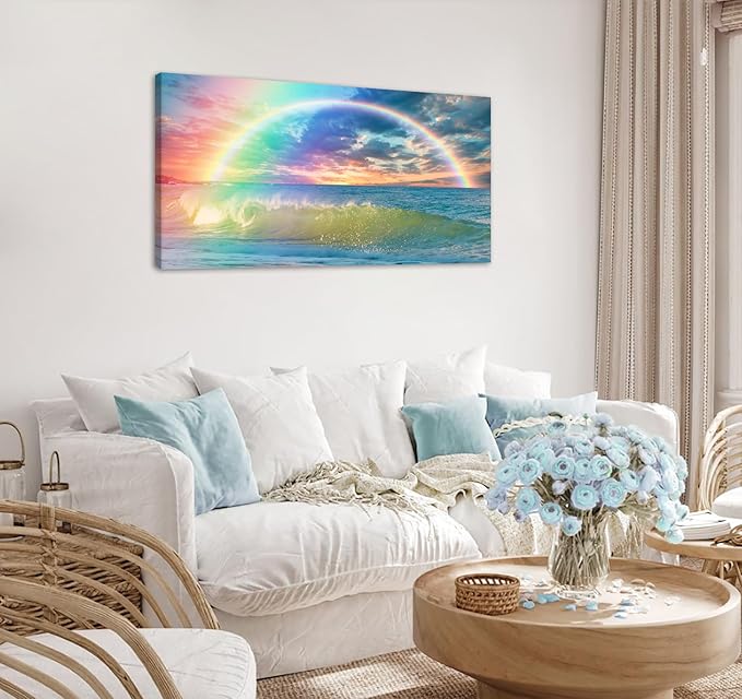 DJSYLIFE Rainbow Wall Decor - Ocean Canvas Wall Art Modren for Girls Room Seascape View Wave Painting Artwork Home Living Room Bedroom Bathroom Decorations Framed Ready to Hang 20" x 40"