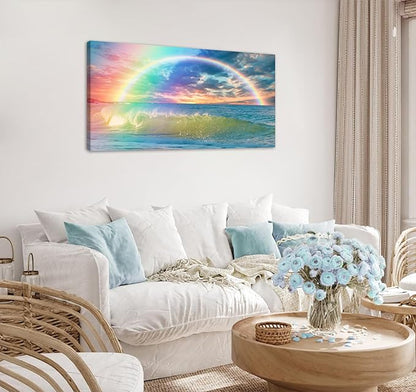 DJSYLIFE Rainbow Wall Decor - Ocean Canvas Wall Art Modren for Girls Room Seascape View Wave Painting Artwork Home Living Room Bedroom Bathroom Decorations Framed Ready to Hang 20" x 40"