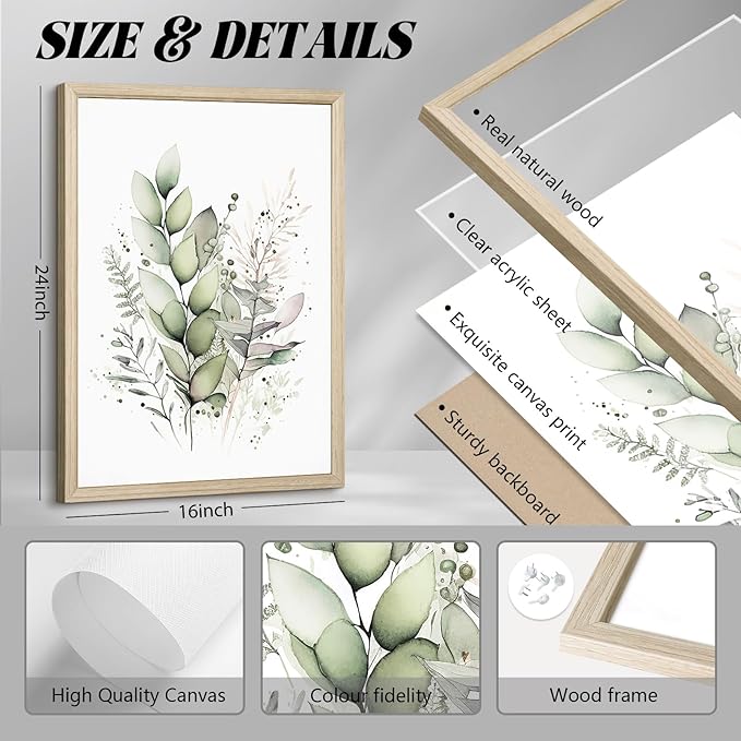 Watercolor Botanical Wall Art Set of 3 Boho Floral Canvas Wall Decor Prints Sage Green Wildflower Wall Art Modern Flower Pictures Botanical Painting for Bedroom Bathroom 16x24 Inch Wood Framed