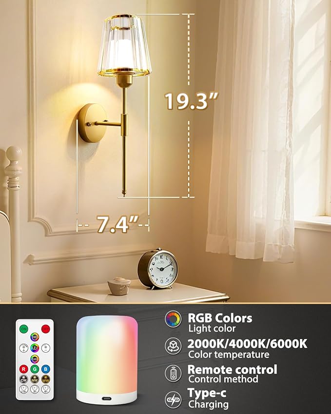 Adetu Crystal Battery Operated Wall Sconces Set of Two, Gold Rechargeable Wall Lights with 10000mAh Dimmable Magnetic Bulb, RGB Rechargeable Battery Wall Sconce with Remote Control for Bedroom Decor