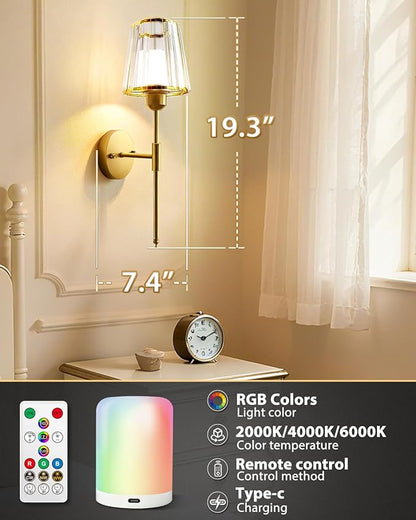 Adetu Crystal Battery Operated Wall Sconces Set of Two, Gold Rechargeable Wall Lights with 10000mAh Dimmable Magnetic Bulb, RGB Rechargeable Battery Wall Sconce with Remote Control for Bedroom Decor