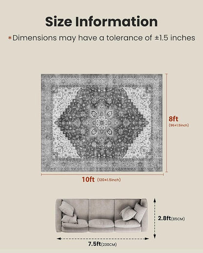 AMADA HOMEFURNISHING 8x10 Area Rugs, Low-Profile Large Washable Area Rug with Non-Slip Backing & Durable Edge Binding, Vintage Rugs for Living Room, Bedroom, Dinning Room