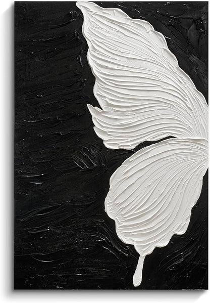 JUHOME Abstract Butterfly Canvas Wall Art – 24x36 Original Hand-Painted Black &White Textured Butterfly Wing Oil Painting on Black Canvas, Modern Minimalist Vertical Wall Decor for Living Room Bedroom