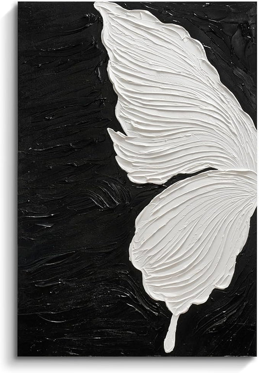 JUHOME Abstract Butterfly Canvas Wall Art – 24x36 Original Hand-Painted Black &White Textured Butterfly Wing Oil Painting on Black Canvas, Modern Minimalist Vertical Wall Decor for Living Room Bedroom