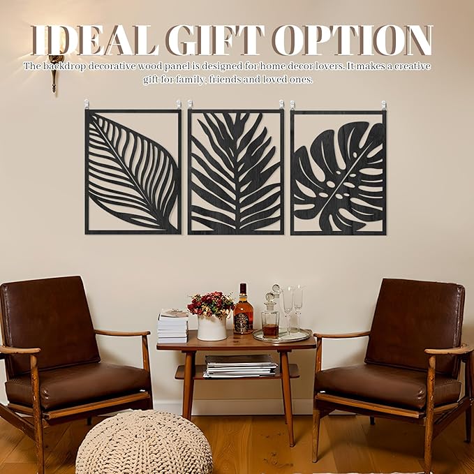 3PCS Black Tropical Wall Art, Wall Decor For Bedroom, Wall Art Decor Leaf Sign Walls Vintage Tropical Plant Wall Rustic Palm Leaf, Modern Wooden Walls Sculptures for for Living room, Bedroom, Office