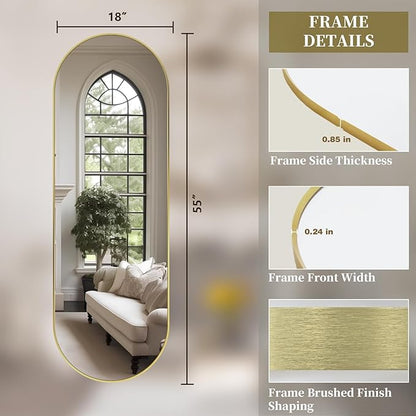 Oval Full Length Mirror, 55"×18" Wall-Mounted Mirror with Gold Frame in Shiny Gold, Ultra-Clear Explosion-Proof Dressing Mirror, Simple & Classic Deco for Cloakroom/Bedroom/Living Room