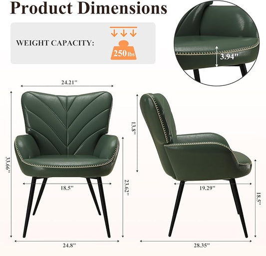 MALOL Modern Mid-Century Faux Leather Accent Chair, Upholstered Armchair with Curved Backrest, Sturdy Metal Base, Living Room, Bedroom & Reading Nook,Green