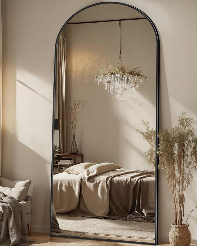 Antok 71" x28” Arched Full Length Floor Mirror, Black Aluminum Frame, Free Standing/Wall Mount/Leaning for Bedroom, Living Room, Dressing Room