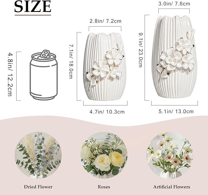 White Ceramic Vase - 9 Inch 3D Modern Vase for Centerpieces, Minimalist Decorative Vases Home Decor, Bathroom, Shelf, Kitchen, Living Room, Table Decor
