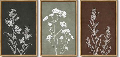 Drsoum Vintage Botanical Flower Boho Framed Wall Art Retro Floral Prints Wildflower Bohemain Neutral Rustic Artwork Kitchen Bedroom Ready to Hang 24x36in Natural Framed