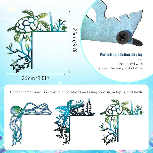 2025 3PCS Ocean Door Frame Decoration Set Metal Turtle Octopus Starfish with Double Sided Silhouette for Window, Door, Shelf, Table, and Corner Sign Home Décor Accent
