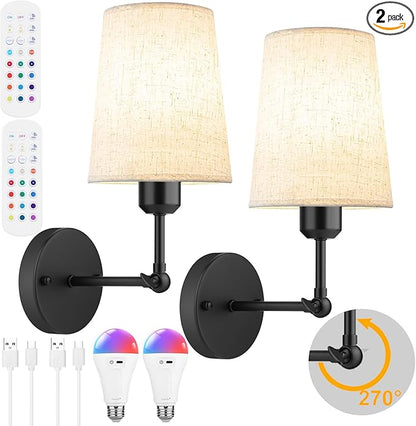 Ostwiki Battery Operated Wall Sconce Set of 2,Black Rechargeable Wall Lights with 5200mAh Dimmable RGB Bulbs and Remote Control,270°Rotation Wireless Wall Lamps for Indoor Bedroom Living Room Hallway