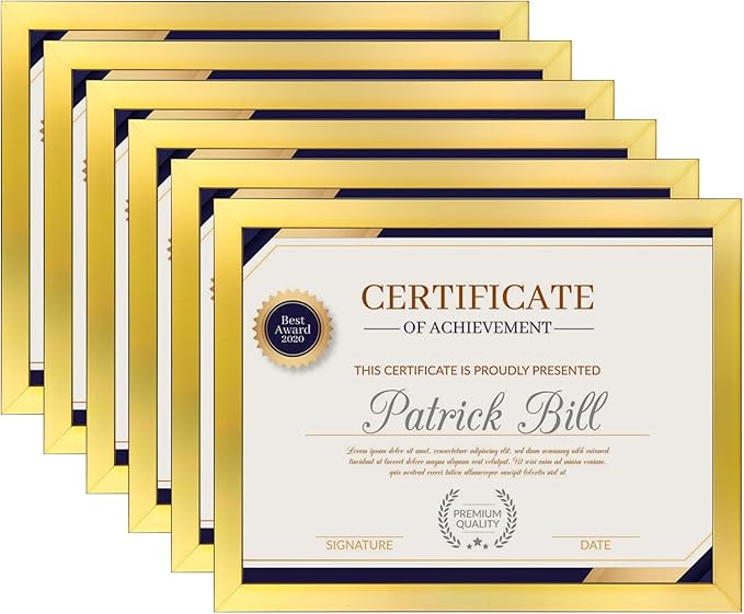 8.5x11 Picture Frame Set of 6, Certificate Document Frame, Diploma Frame, Display Pictures 6x8 with Mat or 8.5x11 Without Mat, Gold