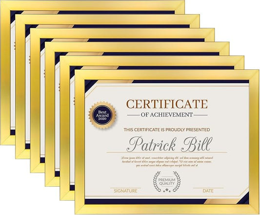 8.5x11 Picture Frame Set of 6, Certificate Document Frame, Diploma Frame, Display Pictures 6x8 with Mat or 8.5x11 Without Mat, Gold