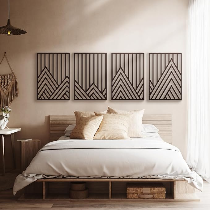 Glamativity 4 Pack Black Abstract Metal Wall Art, Minimalist Décor Single Line Art Wall Décor, 3D Textured Metal Wall Sculptures, for Living Room Bedroom Bathroom Study Room (Mountain Line, M Size 17 x 12'')