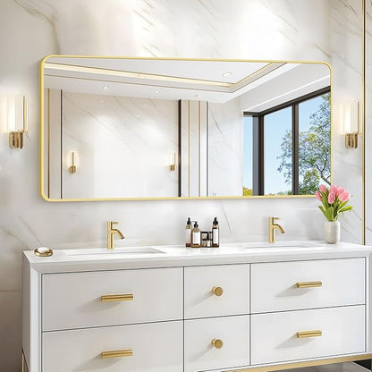 30"x60" Gold Bathroom Mirror, Large Rectangle Wall Mounted Mirror with Rounded Corner, Aluminum Metal Frame Vanity Mirror for Bathroom Bedroom Living Room